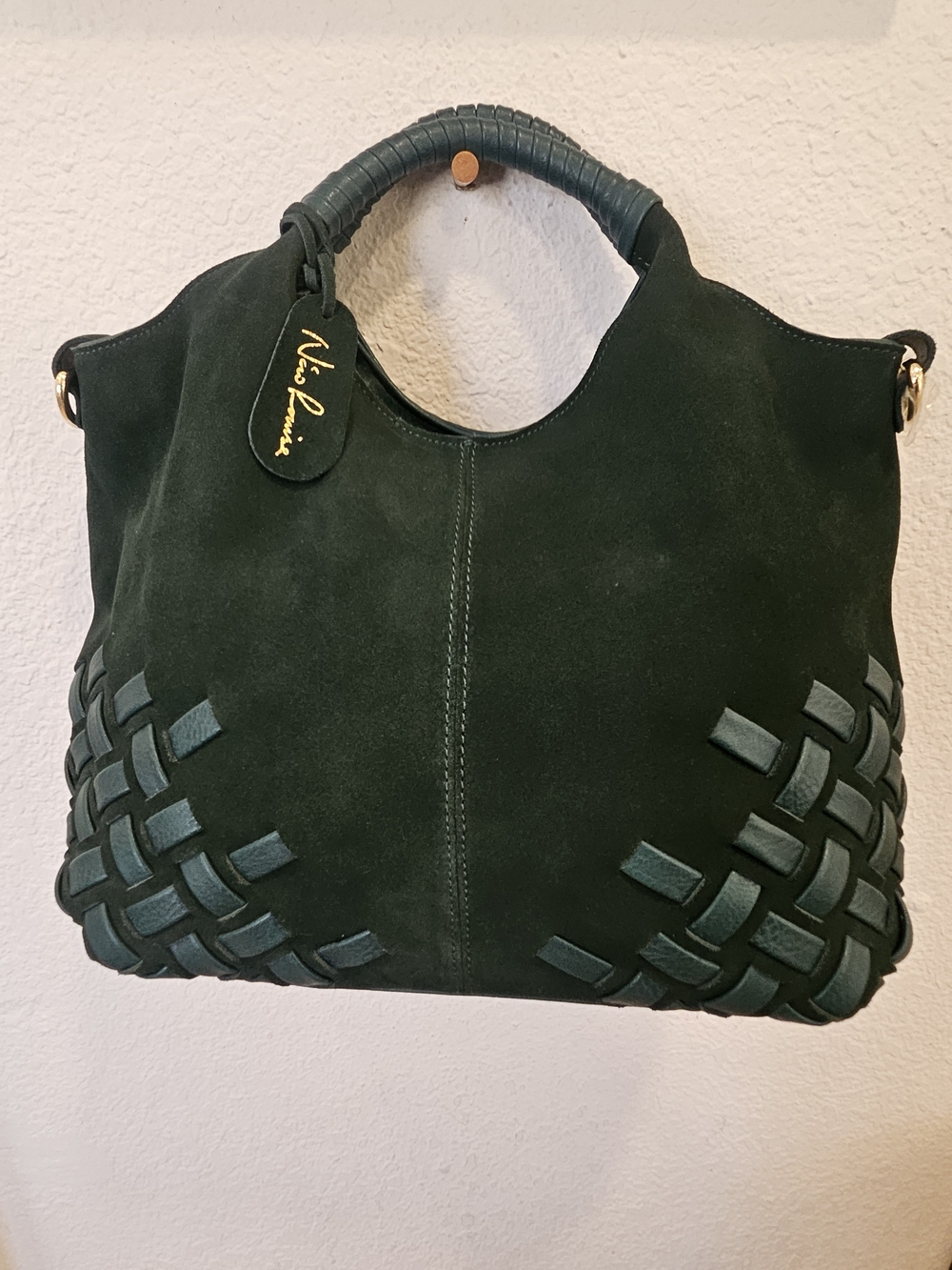 Nico Louise Genuine Suede Woven Detail Top-Handle Bag – Emerald Green